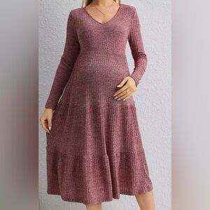 SHEIN Maternity Burgundy Long Sleeve Knit Ruffle Hem Dress